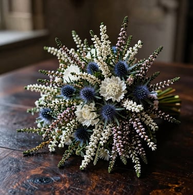 A detailed shot of a wedding bouquet featuring wild Scottish heather and thistles, resting on a dark wood table inside a Northern European / Scottish castle. Soft off-white highlights catch the textures of the flowers against deep slate shadows.