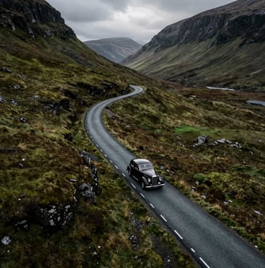 A drone shot of a vintage luxury car driving along a winding single-track road in the Scottish Highlands. The surrounding hills are a deep moss green, and the lighting is dramatic and moody.
