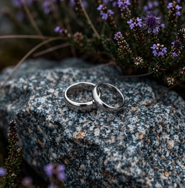 A close-up of wedding rings resting on a piece of natural granite rock, surrounded by wild Scottish heather and thistles. Soft, atmospheric lighting with a dark slate color palette.