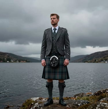 A photograph of a Northern European / Scottish groom in a traditional kilt standing at the edge of a loch under a moody, slate grey sky.