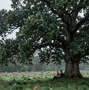 A Northern European / Scottish couple sharing a quiet moment under a sprawling ancient oak tree on a misty day. The palette is dominated by forest green and deep slate tones. Professional photography with a cinematic depth of field.