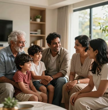 A smiling South Asian / Indian family—grandparents, parents, and children—gathering in a modern, sunlit living room, representing healthy emotional connections.