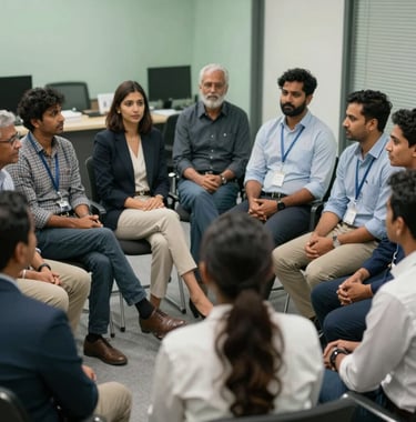 A diverse group of South Asian / Indian individuals sitting in a circle during a community meeting, engaged in respectful conversation, professional office setting with soft green accents.