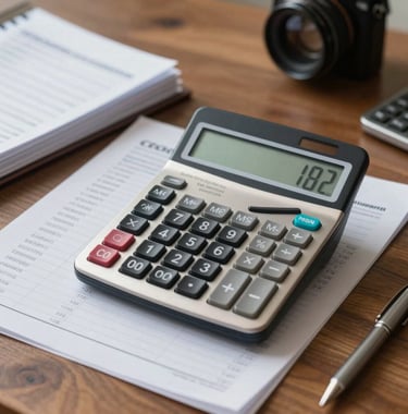 A modern digital calculator and neatly stacked financial ledgers on a wooden surface in a high-end Spanish / Latin American office.