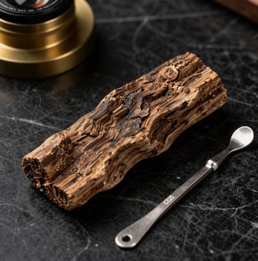 A still life shot of raw agarwood and silver tools on a black marble desk. The composition is structured and architectural, reflecting the technical precision of scent creation. Deep shadows and muted brass light.