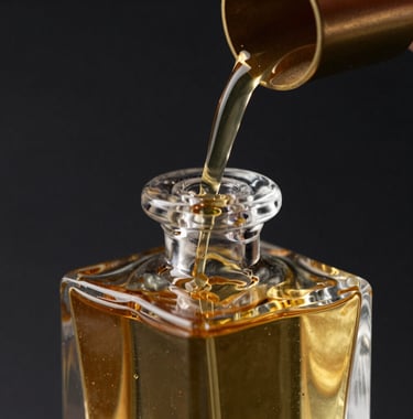 Macro photography of golden perfume liquid being poured into a crystal flacon. The lighting creates sharp, controlled reflections. Sophisticated editorial style with obsidian black and muted brass color palette. High-end Middle Eastern aesthetic.