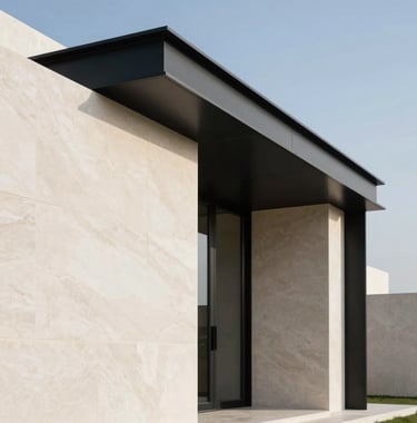 A minimalist architectural detail of a luxury villa in the Gulf region, bone white stone meeting obsidian black steel under a clear afternoon sun. Sharp geometric shadows. Clean, precise composition.
