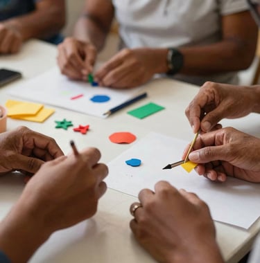 Artistic shot of hands engaged in a creative craft workshop in a South American / Brazilian setting, focusing on colorful materials and collaborative spirit.
