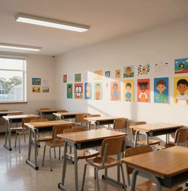 A bright South American / Brazilian classroom with wooden desks and student artwork on the walls, captured in a modern, sophisticated architectural style with soft morning light.