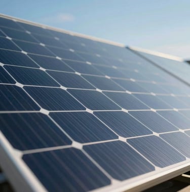 Close-up photography of a high-efficiency monocrystalline solar panel reflecting a clear blue sky, luxury finish with soft light mint and dark blue highlights, modern industrial style.
