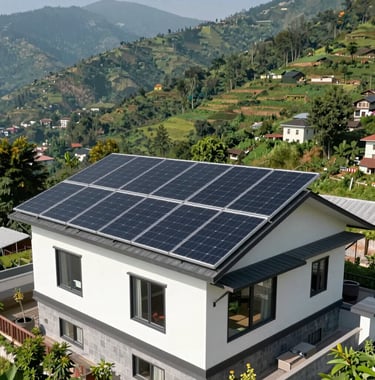 A beautiful residential rooftop solar installation on a modern South Asian house amidst the lush green hills of Uttarakhand, bright sunny day, professional photography.