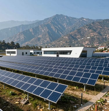 A wide shot of a large commercial hybrid solar plant in Uttarakhand, India, with the Himalayan foothills in the background. Modern design, clean composition, bright daylight.