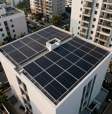 Aerial view of a residential rooftop in a modern Indian city fully covered with sleek, black solar panels. Professional architectural photography style.