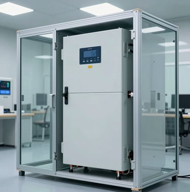 High-end energy storage systems and hybrid inverters installed in a clean, modern utility room with glass-morphism design elements and professional lighting.