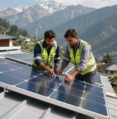 Professional solar energy technicians in clean uniforms installing solar infrastructure on a rooftop in a beautiful Uttarakhand mountain setting during bright daylight.