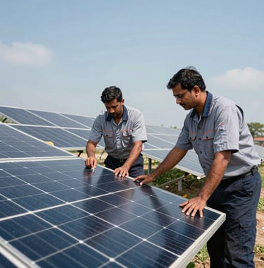 A professional maintenance team in uniforms inspecting solar panels on a sunny day in South Asia. High contrast, clean, and aspirational look.