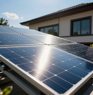 A close-up of a premium solar panel installation on a modern South Asian luxury home, with sunlight reflecting off the high-quality glass surface against a clear blue sky.