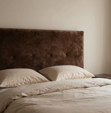 A luxurious bedroom interior featuring a dark espresso brown velvet upholstered headboard against a soft cream wall. High-quality bedding in light stone beige and soft cream creates a serene atmosphere. Soft evening lighting.