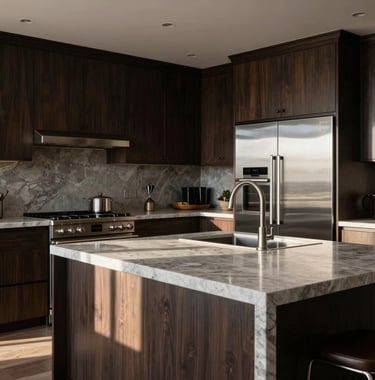 A luxurious kitchen featuring sleek dark espresso cabinetry, a large soft stone grey marble island, and high-end stainless steel appliances, photographed in warm, natural morning light.