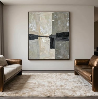 Interior shot of a modern living room featuring a plush rug in creamy off-white and minimalist furniture in muted bronze. A large abstract painting on the wall incorporates tones of silver sage and charcoal.
