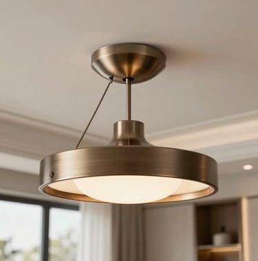 Detail shot of a bespoke lighting fixture in brushed bronze hanging from a ceiling with silver sage molding. The background is a soft-focus view of a luxury penthouse interior.