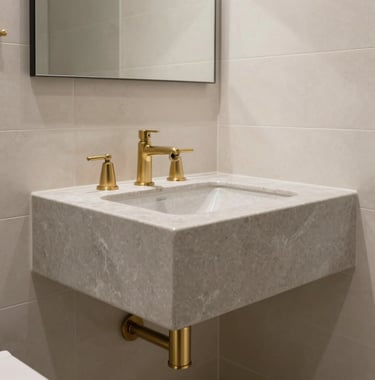 A close-up of a luxury bathroom featuring a floating vanity in soft stone grey, premium brass fixtures, and creamy off-white textured tiles, emphasizing sophisticated luxury.