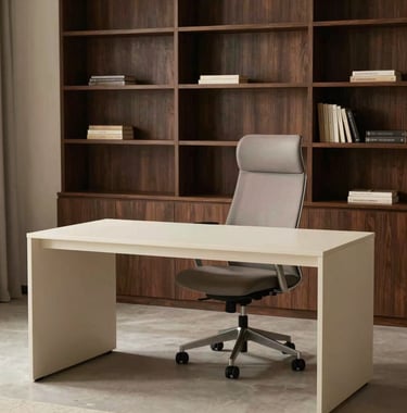 A tranquil home office with a minimalist desk in creamy off-white, a ergonomic chair in warm muted grey, and built-in bookshelves in dark espresso, perfectly lit for a professional yet cozy feel.