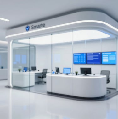 A view of the interior of a Smart Police Station, featuring minimalist white design, glass surfaces, and high-tech blue-lit interfaces. A blend of #F2F4F7 and #607B8B tones, conveying a luxury digital environment.