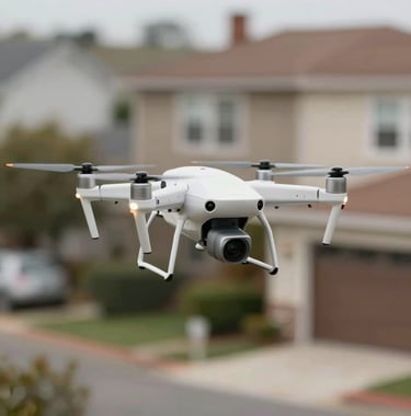 A smart patrol drone hovering in a residential area, showcasing integrated technology and modern surveillance. Palette focuses on #607B8B and white.
