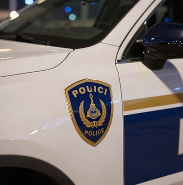 Close-up of the Dubai Police emblem on the side of a white and navy patrol vehicle, with golden details gleaming under city lights. Luxury and authority conveyed through #B28F5D and #0A1128 accents.