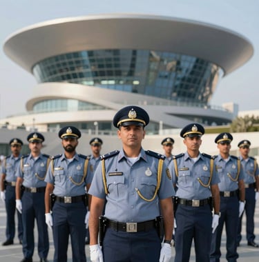 A group of Dubai Police officers in their elegant ceremonial uniforms, standing with poise in front of the Museum of the Future. The image conveys a sense of sophisticated authority, tradition, and the spirit of innovation.