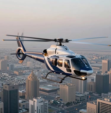 A luxury police helicopter flying over a sprawling urban landscape of Dubai at dawn. The metal reflects the #F2F4F7 light of the rising sun.