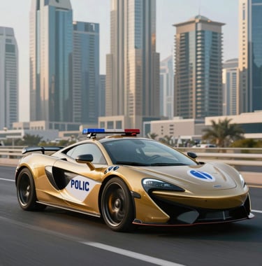 A professional photograph of a Dubai Police supercar patrol, a sleek McLaren, driving through the modern skyline of Downtown Dubai. The lighting is crisp, highlighting the metallic gold #B28F5D accents and the prestigious nature of the force.