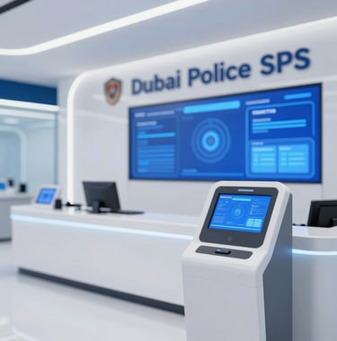 A close-up of a high-tech Dubai Police Smart Police Station (SPS) interior, showcasing minimalist white surfaces, glowing blue #607B8B interface panels, and a sleek, automated service terminal representing the future of community engagement.