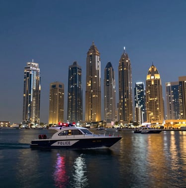 The Dubai skyline at night with a fleet of police boats in the foreground patrolling the marina. The dark blue water reflects the gold and white lights of the skyscrapers. Professional photography style.