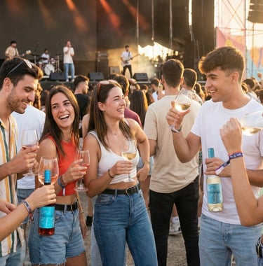 Jóvenes disfrutando de concierto con vinos Cola de Gallo rosado y blanco