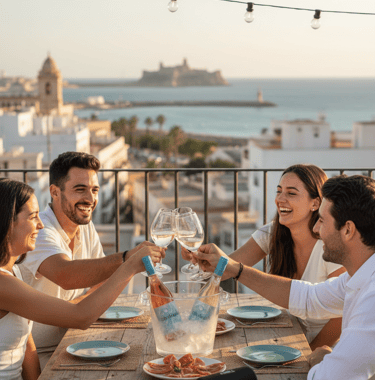 Parejas brindando con vinos Cola de Gallo en restaurante de Calpe, Alicante