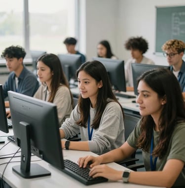 A diverse group of students learning in a modern, brightly lit computer lab, International / Diverse Communities, focused and hopeful atmosphere, soft morning light.