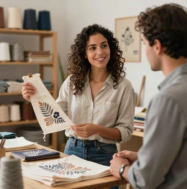 A local entrepreneur proudly showing her small textile business products to a mentor, warm and inviting atmosphere, International / Diverse Communities.