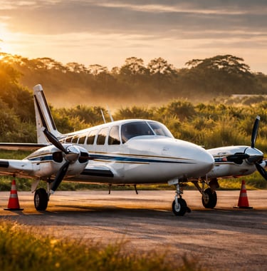 Avião bimotor em aeródromo cercado por vegetação, monitoramento ambiental exigido pela ANAC