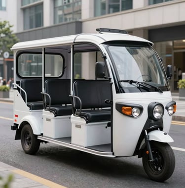A sleek white BN-ZKC series electric passenger tricycle, designed for 3 to 5 passengers, shown navigating a modern urban street. The photography is clean and bright, showcasing the vehicle's modern aesthetics in a Global / International setting.