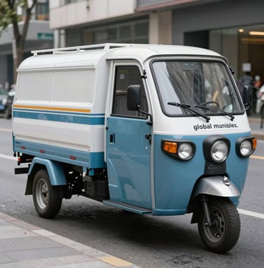 A specialized sanitation electric tricycle featuring a white and dusty blue exterior, parked on a clean city boulevard. The vehicle represents the versatility of our special purpose series for global municipalities.