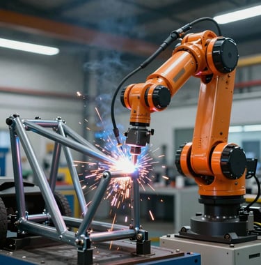 Close-up of a high-tech robotic welding arm emitting sparks as it precision-joins a steel electric tricycle frame in a modern factory. Industrial lighting with steel blue and orange hues. Global / International.