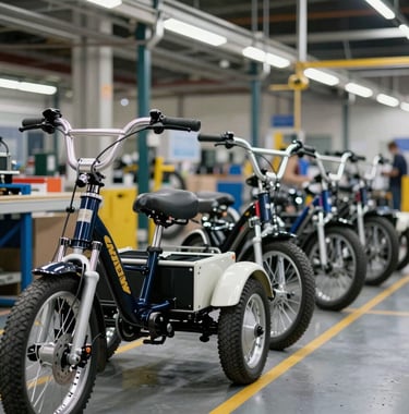 The final inspection stage on an assembly line. A row of finished passenger trikes and freight loaders ready for shipment, showcasing robust engineering and industrial design. Global / International.