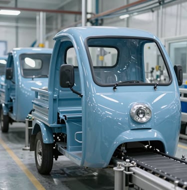 A professional photograph of an automated industrial painting line where glossy light blue tricycle shells move along a conveyor system. Clean, sterile factory environment with soft overhead lighting. Global / International.