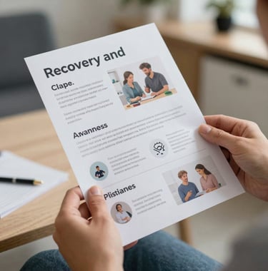 Close up photography of hands holding a printed educational brochure about recovery and self-awareness in a modern North American indoor setting.