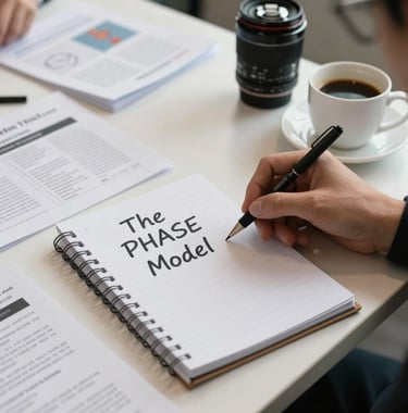 A professional workshop setting in North America, showing a clean table with high-quality educational materials, a notepad with 'The PHASE Model' written clearly, and a cup of coffee.