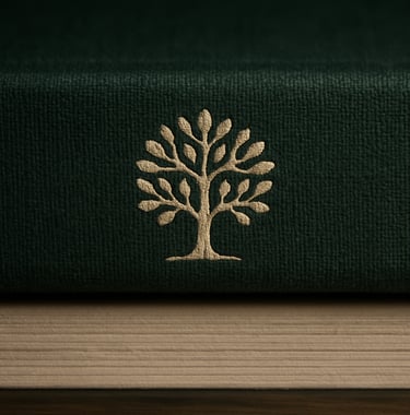 A macro photograph of the spine of a Sylvan Press book. The cover is a rich Forest Green fabric with the press logo embossed in Crisp Parchment ink. High-quality paper texture is visible on the edge.