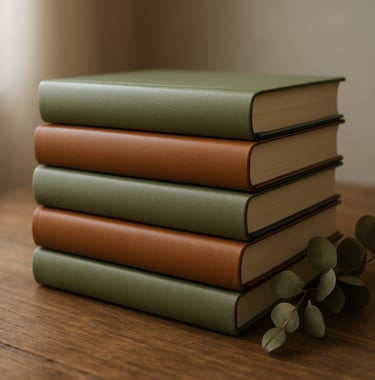Close-up of a stack of hardcover textbooks with elegant sage green and leather brown spines, arranged neatly on a rustic wooden table next to a sprig of dried eucalyptus. North American indoor setting, soft natural light.