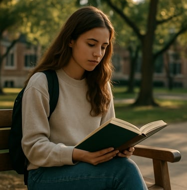 A lifestyle photograph of a university student sitting on a wooden bench on a North American campus, reading a book with a Forest Green and Wood Brown cover design. Soft afternoon sun filters through trees in the background.
